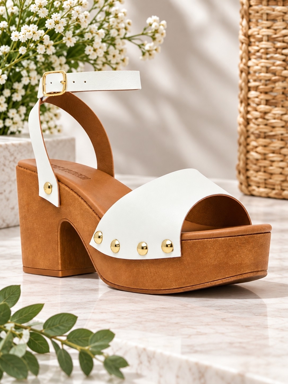 Steve Madden Kealey Leather Studded Wood Platform Block Heel Sandals Size 8